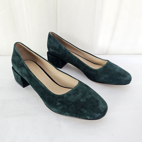 Trenery Green Suede Leather Low Block Heel Size 38 - Picture 3 of 11